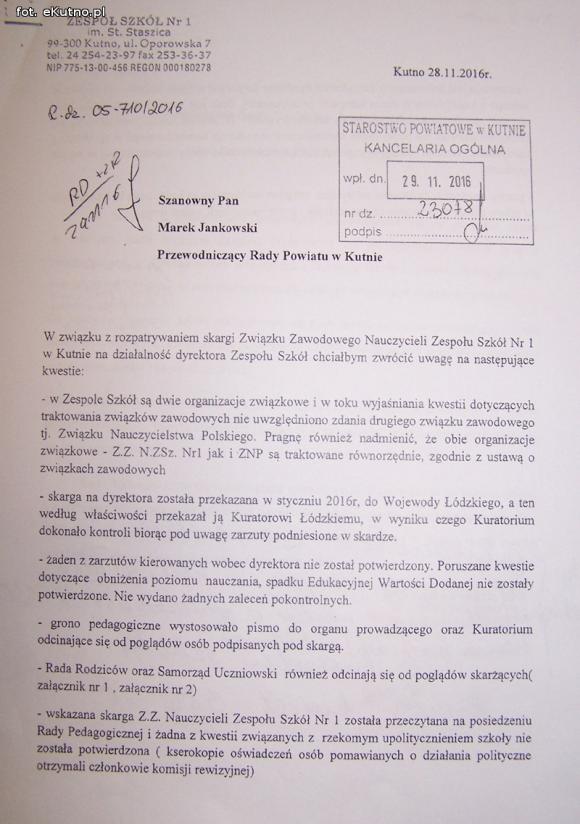 Zdaniem Rady Powiatu skargi Związku Zawodowego Nauczycieli ze 