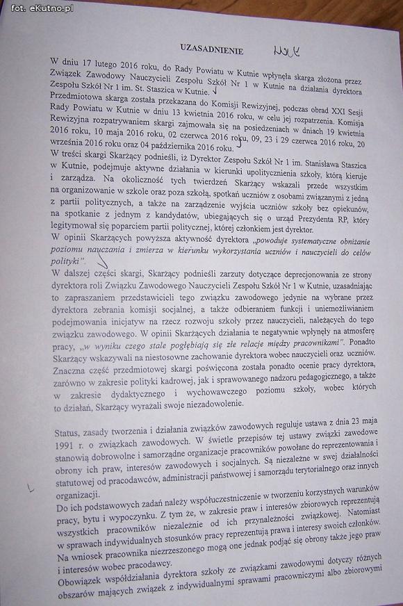 Zdaniem Rady Powiatu skargi Związku Zawodowego Nauczycieli ze 