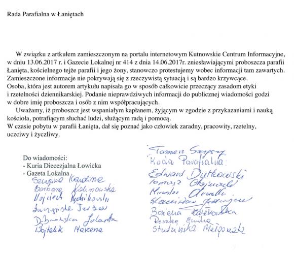 Rada Parafialna w Łaniętach protestuje przeciw nierzetelności dziennikarskiej KCI