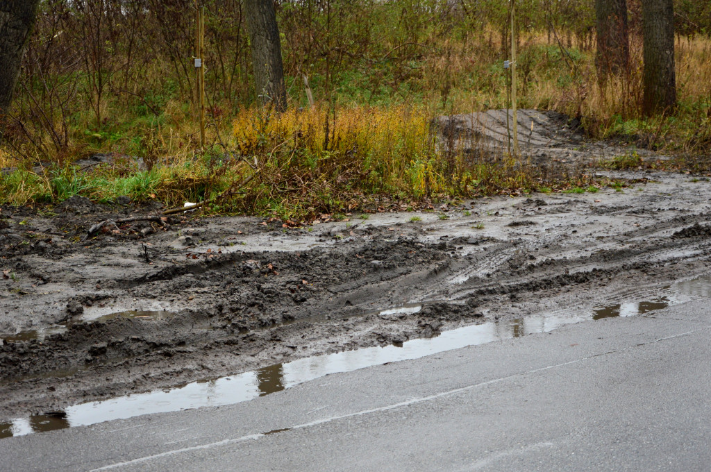Rozjeżdżone pobocza i brud na drodze