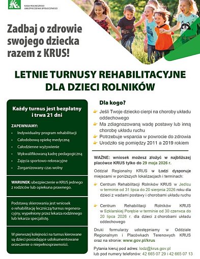Bezpłatne turnusy rehabilitacyjne dla dzieci rolników