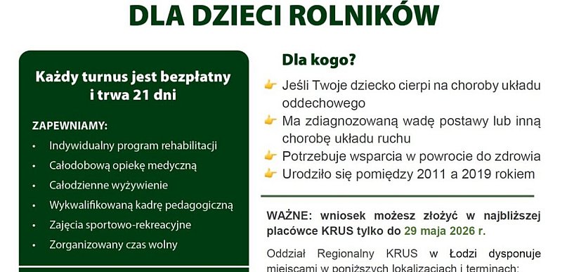 Bezpłatne turnusy rehabilitacyjne dla dzieci rolników